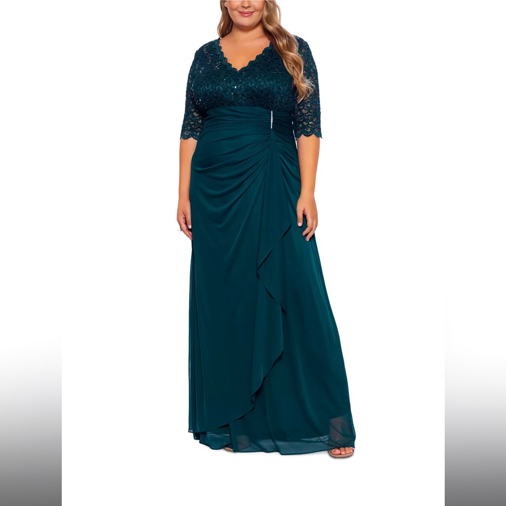 Betsy and Adam V neck formal gown